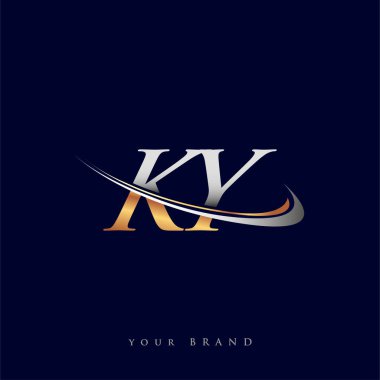 KY 'nin ilk logo şirketi adı, beyaz arka planda izole edilmiş altın ve gümüş rengi Swoosh tasarımı. iş ve şirket kimliği için vektör logosu.