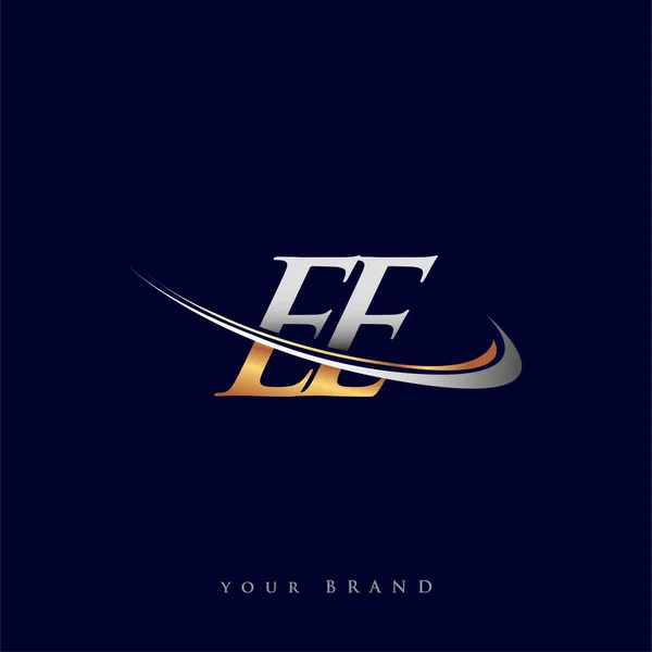 Ee最初的徽标公司名称为彩色金色和银色Swoosh设计 独立于白色背景 企业和公司标识的矢量标识 — 图库矢量图片