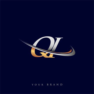 QI 'nin ilk logo şirketi adı, beyaz arka planda izole edilmiş renkli altın ve gümüş rengi Swoosh tasarımı. iş ve şirket kimliği için vektör logosu.