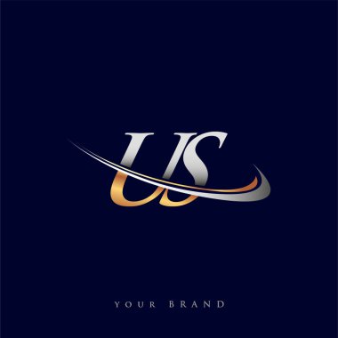 ABD 'li ilk logo şirketi adı, beyaz arka planda izole edilmiş altın ve gümüş rengi Swoosh tasarımı. iş ve şirket kimliği için vektör logosu.