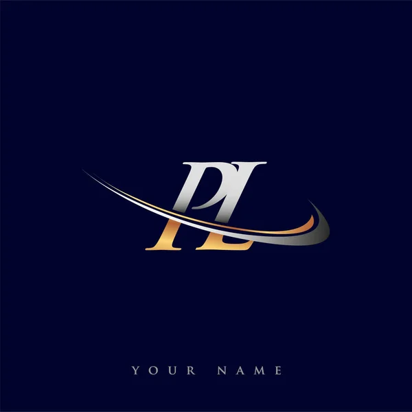 Pl最初的标识公司名称为彩色金色和银色Swoosh设计 独立于白色背景 企业和公司标识的矢量标识 — 图库矢量图片