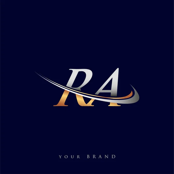 Ra最初的标志公司名称为彩色金色和银色Swoosh设计 独立于白色背景 企业和公司标识的矢量标识 — 图库矢量图片