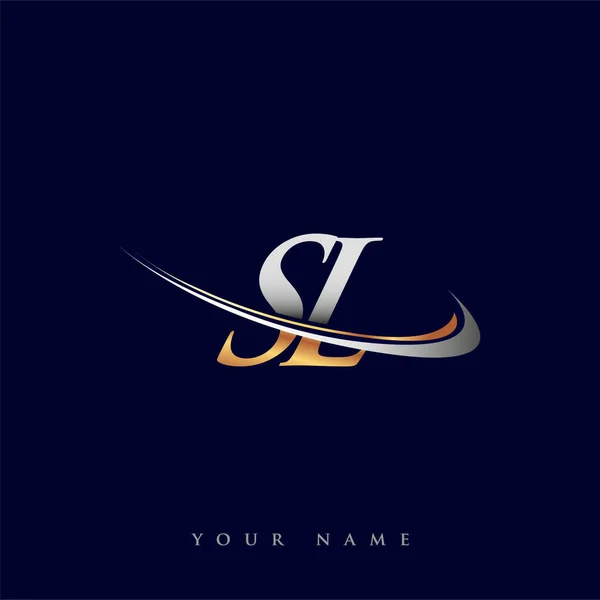 Nombre Inicial Compañía Logotipo Color Oro Plata Swoosh Diseño Aislado — Archivo Imágenes Vectoriales