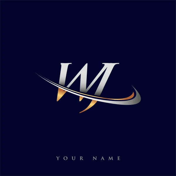 Eerste Logo Bedrijfsnaam Gekleurd Goud Zilver Swoosh Ontwerp Geïsoleerd Witte — Stockvector