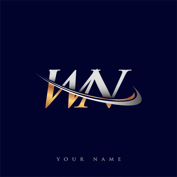 Wn最初的标志公司名称为彩色金色和银色的Swoosh设计 独立于白色背景 企业和公司标识的矢量标识 — 图库矢量图片