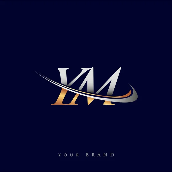 Ym最初的标志公司名称为彩色金色和银色的Swoosh设计 独立于白色背景 企业和公司标识的矢量标识 — 图库矢量图片