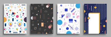 Memphis Style Poster Seti. Yarı ton ve geometrik şekiller desenler. Banner, Web, Promosyon, Placard ve Billboard için Düz stil Soyut Vektör Tasarımı ideal.