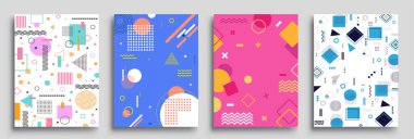 Memphis Style Poster Seti. Yarı ton ve geometrik şekiller desenler. Banner, Web, Promosyon, Placard ve Billboard için Düz stil Soyut Vektör Tasarımı ideal.