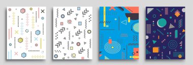 Memphis Style Poster Seti. Yarı ton ve geometrik şekiller desenler. Banner, Web, Promosyon, Placard ve Billboard için Düz stil Soyut Vektör Tasarımı ideal.
