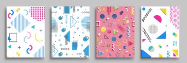Memphis Style Poster Seti. Yarı ton ve geometrik şekiller desenler. Banner, Web, Promosyon, Placard ve Billboard için Düz stil Soyut Vektör Tasarımı ideal.