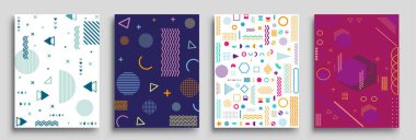 Memphis Style Poster Seti. Yarı ton ve geometrik şekiller desenler. Banner, Web, Promosyon, Placard ve Billboard için Düz stil Soyut Vektör Tasarımı ideal.