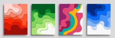 Modern soyut kapaklar seti, modern renkli dalga sıvı akış posteri. Cool gradient şekilleri bileşimi, vektör tasarımı kapsar.