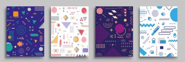 Memphis Style Poster Seti. Yarı ton ve geometrik şekiller desenler. Banner, Web, Promosyon, Placard ve Billboard için Düz stil Soyut Vektör Tasarımı ideal.