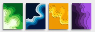 Modern soyut kapaklar seti, modern renkli dalga sıvı akış posteri. Cool gradient şekilleri bileşimi, vektör tasarımı kapsar.
