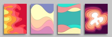 Modern soyut kapaklar seti, modern renkli dalga sıvı akış posteri. Cool gradient şekilleri bileşimi, vektör tasarımı kapsar.