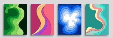 Modern soyut kapaklar seti, modern renkli dalga sıvı akış posteri. Cool gradient şekilleri bileşimi, vektör tasarımı kapsar.