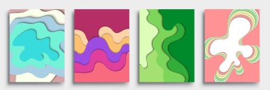 Modern soyut kapaklar seti, modern renkli dalga sıvı akış posteri. Cool gradient şekilleri bileşimi, vektör tasarımı kapsar.