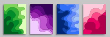 Modern soyut kapaklar seti, modern renkli dalga sıvı akış posteri. Cool gradient şekilleri bileşimi, vektör tasarımı kapsar.
