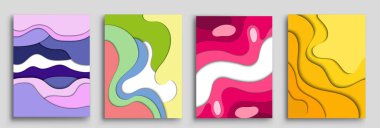 Modern soyut kapaklar seti, modern renkli dalga sıvı akış posteri. Cool gradient şekilleri bileşimi, vektör tasarımı kapsar.
