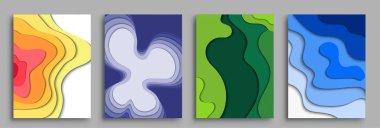 Modern soyut kapaklar seti, modern renkli dalga sıvı akış posteri. Cool gradient şekilleri bileşimi, vektör tasarımı kapsar.