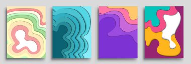 Modern soyut kapaklar seti, modern renkli dalga sıvı akış posteri. Cool gradient şekilleri bileşimi, vektör tasarımı kapsar.