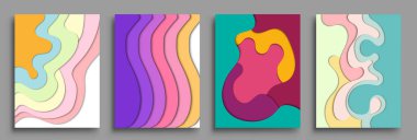 Modern soyut kapaklar seti, modern renkli dalga sıvı akış posteri. Cool gradient şekilleri bileşimi, vektör tasarımı kapsar.
