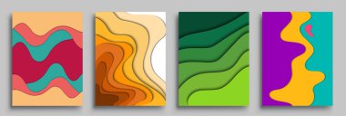Modern soyut kapaklar seti, modern renkli dalga sıvı akış posteri. Cool gradient şekilleri bileşimi, vektör tasarımı kapsar.