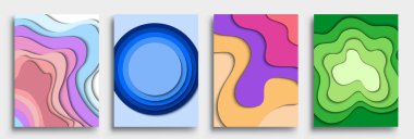 Modern soyut kapaklar seti, modern renkli dalga sıvı akış posteri. Cool gradient şekilleri bileşimi, vektör tasarımı kapsar.
