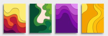 Modern soyut kapaklar seti, modern renkli dalga sıvı akış posteri. Cool gradient şekilleri bileşimi, vektör tasarımı kapsar.