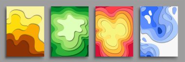Modern soyut kapaklar seti, modern renkli dalga sıvı akış posteri. Cool gradient şekilleri bileşimi, vektör tasarımı kapsar.