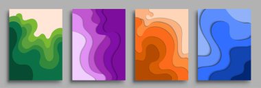 Modern soyut kapaklar seti, modern renkli dalga sıvı akış posteri. Cool gradient şekilleri bileşimi, vektör tasarımı kapsar.