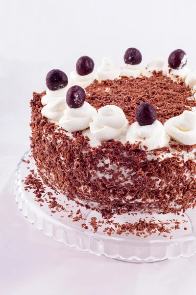 Torta foresta nera decorata con panna montata e ciliegie . — Foto Stock