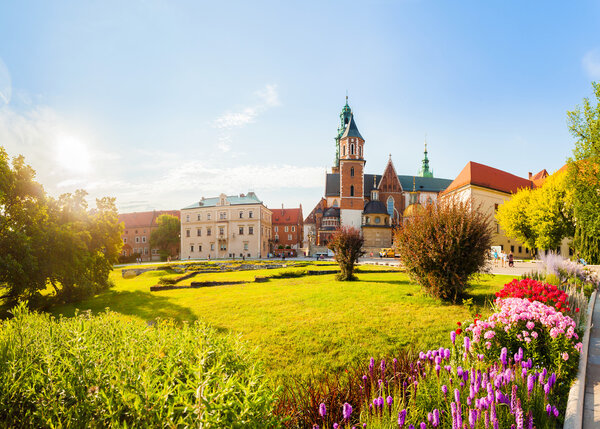 View of Wawel castle and Cathedral with garden, Cracow, Poland