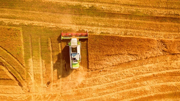 Colheitadeira trabalhando no campo e corta trigo. Ucrânia. Vista aérea . — Fotografia de Stock