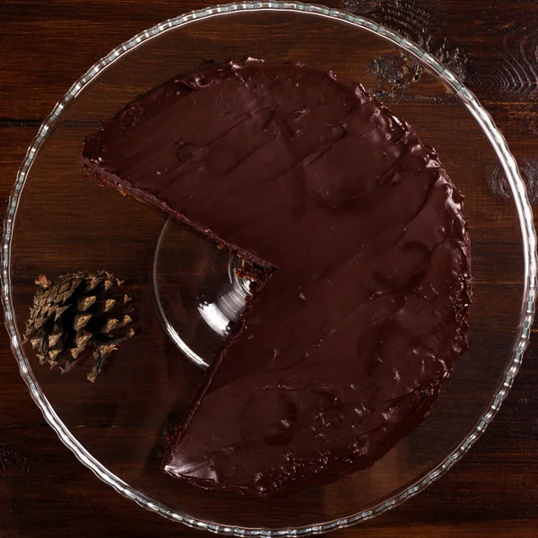 Delicioso bolo de chocolate Sacher. Vista superior . — Fotografia de Stock