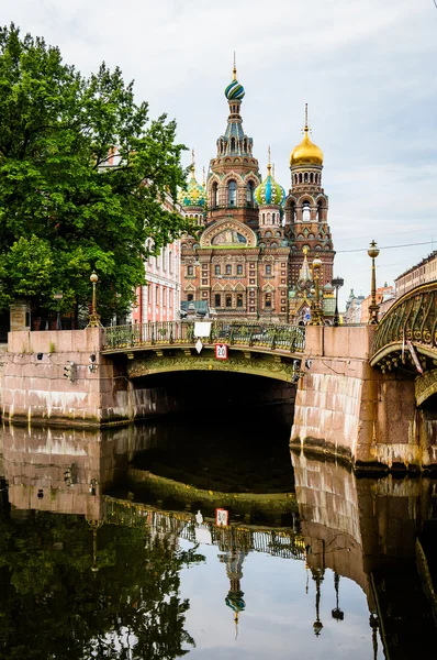 Kirche des Erlösers auf Blut hinter der Brücke am Morgen — Stockfoto