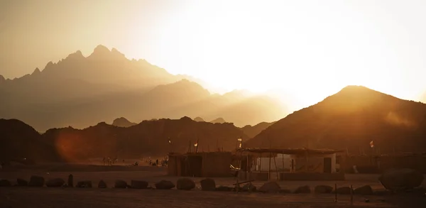 Bedouin village in desert in mountains in sunset — Stock Photo, Image