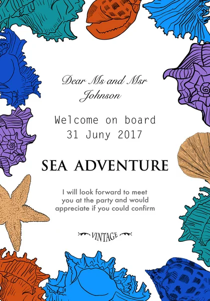 Moldura vetorial feita de conchas coloridas e estrelas do mar . — Vetor de Stock
