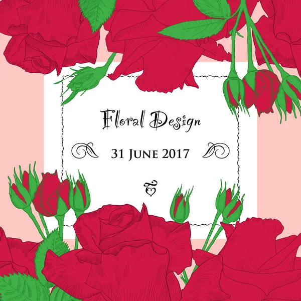 Vector frame made of hand drawn red roses and buds with invitation card. — Stock Vector