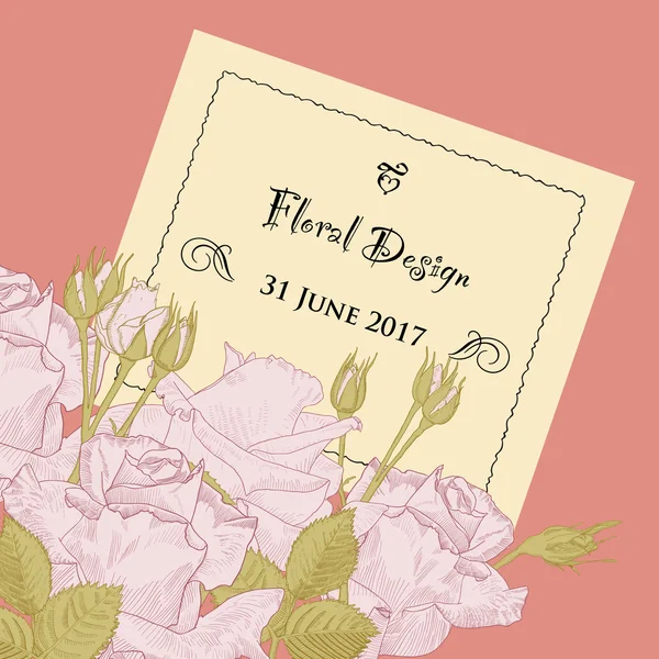 Fondo floral romántico con rosas y tarjeta de invitación . — Archivo Imágenes Vectoriales