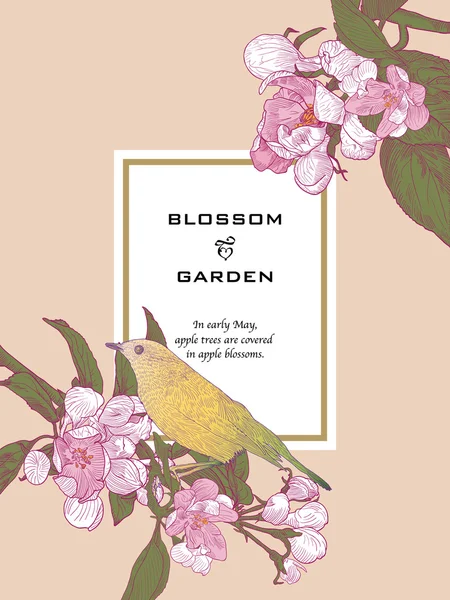 Vintage квіткові вітальну листівку з гілки квітучі Яблуня і птахів — стоковий вектор