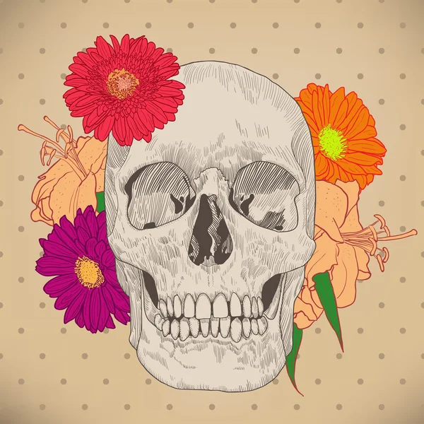 Kafatası ve çiçeklerle bej renkli arka plan üzerinde Vintage tebrik kartı — Stok Vektör