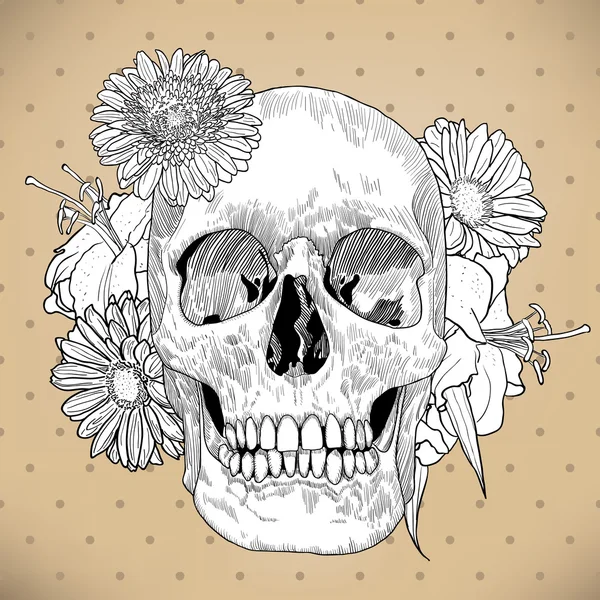 Vintage Greeting Card with Hand Drawn Skull and Flowers — ストックベクタ