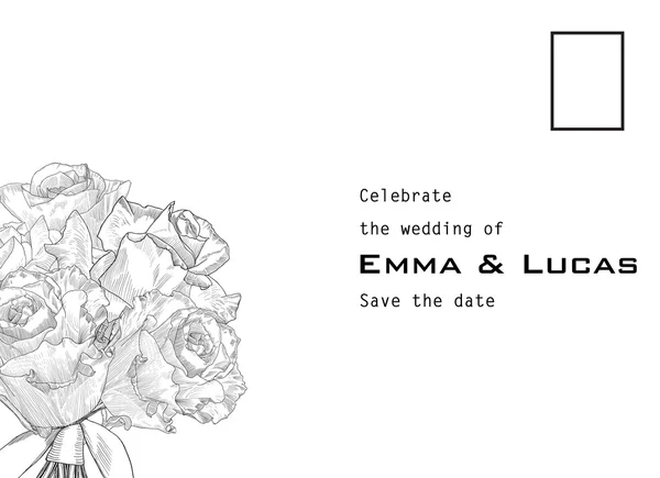 Invitación de boda como postal con ramo de rosas dibujado a mano . — Archivo Imágenes Vectoriales