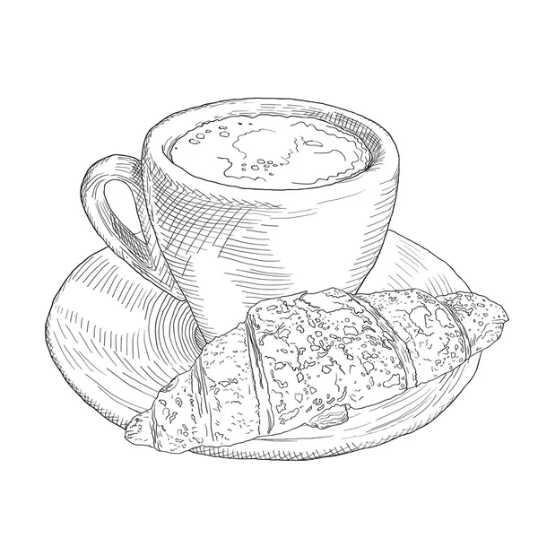 Handgezogene Kaffeetasse und Croissant vorhanden. Weinlese mit fil — Stockvektor