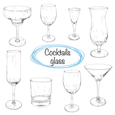 Set of hand drawn cocktail glass. Sketch illustration.