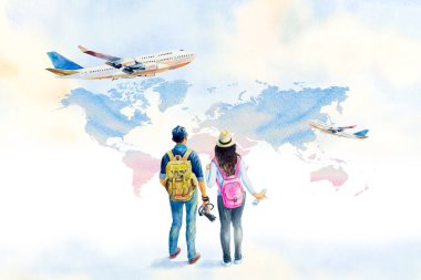 Dünya turizm günü. Sırt çantalı suluboya resimli Asyalı çift uçak ve dünya haritası geçmişiyle seyahat ediyor, popüler gezi turu.