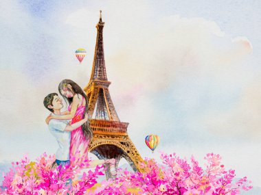 Asya çifti tatil yapıyor. Eiffel Kulesi Paris Fransa 'da balonla geziyor ve yılbaşı ve yeni yılın çiçekleri. Suluboya resim, dünyanın ünlü simgeleri.. 