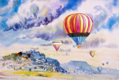 Dağ köyünde balonla turizm ailesi renginde suluboya manzara ve mavi gökyüzü bulutu ve arka planda duvar kâğıdı veya kartpostal boyası olan çayır. 