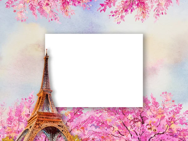 Eiffel tower Paris France with pink flowers. Abstract watercolor painting illustration with copy space or text card poster and advertising background, popular famous landmarks of the worlds.